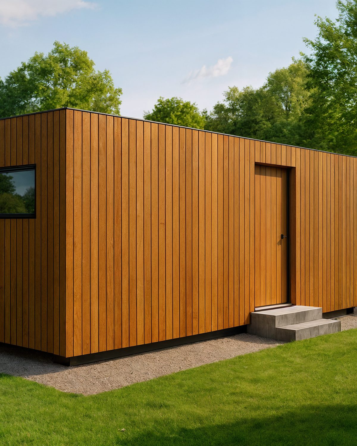 Visualisierung: Cube mit Holzschalung auf einer Rasenfläche, Stufen vor der Tür.