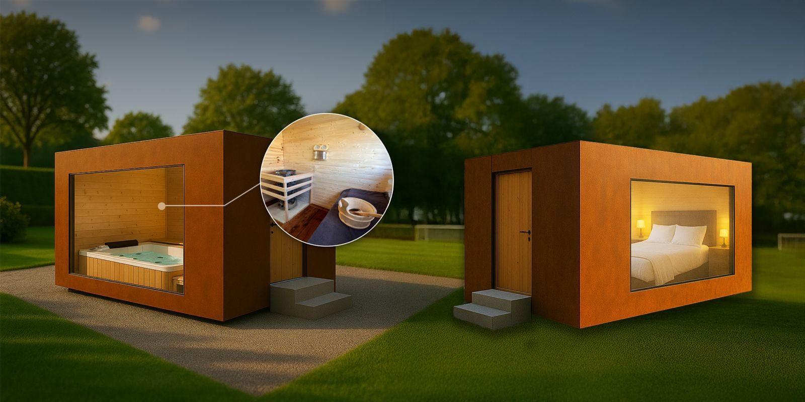Visualisierung: links ein Wellness Cube in Cortenstahl-Optik mit Whirlpool hinter der Glasfront und Detailbild der Sauna, rechts ein Sleep Cube mit Doppelbett, beide auf einer Wiese am Abend.