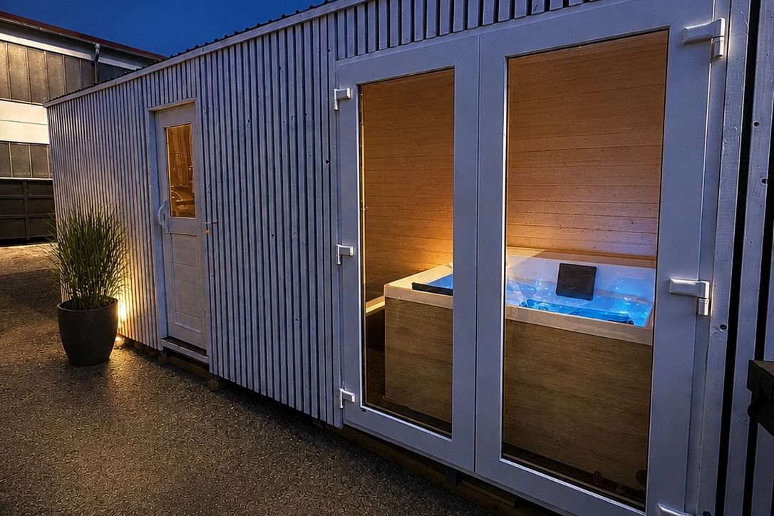 Wellness Cube mit heller Holzschalung am Abend, durch die Glastür ist der beleuchtete Whirlpool im Vorraum zu sehen.