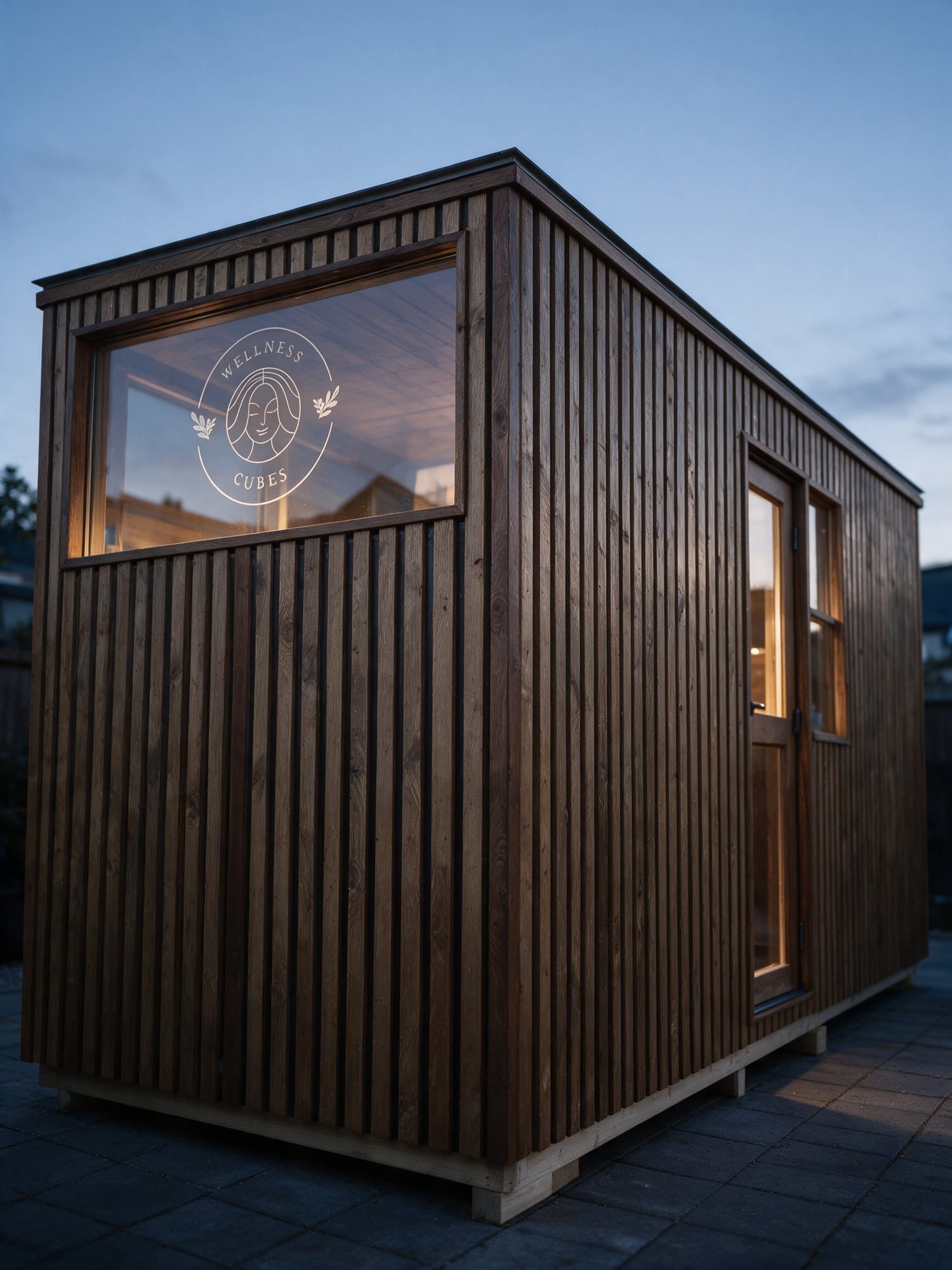 Visualisierung: Wellness Cube in Schrägansicht am Abend, Fenster mit eingeätzter Wortmarke.