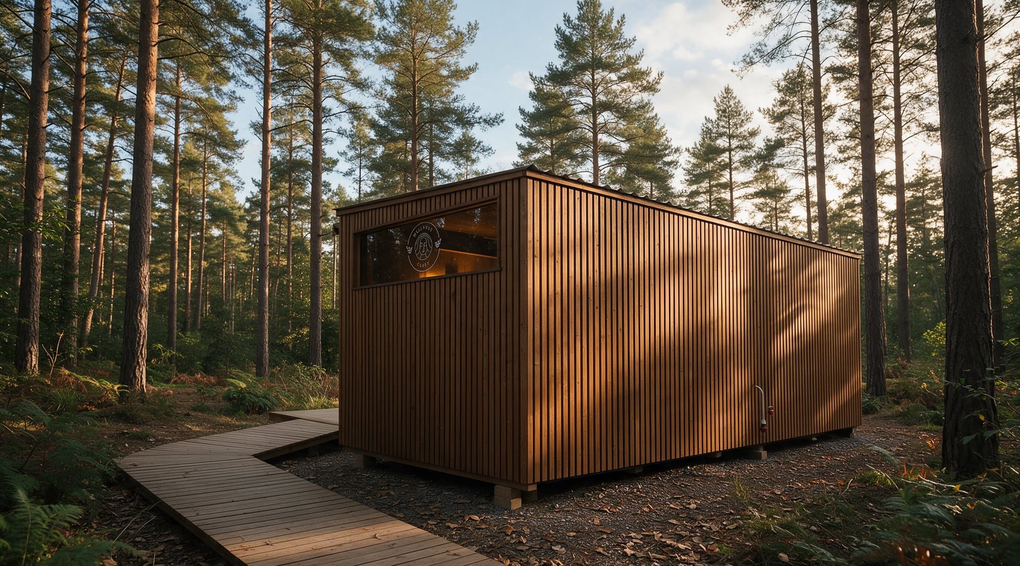 Visualisierung: Cube auf einem Glamping-Platz im Wald, Holzsteg zum Eingang.
