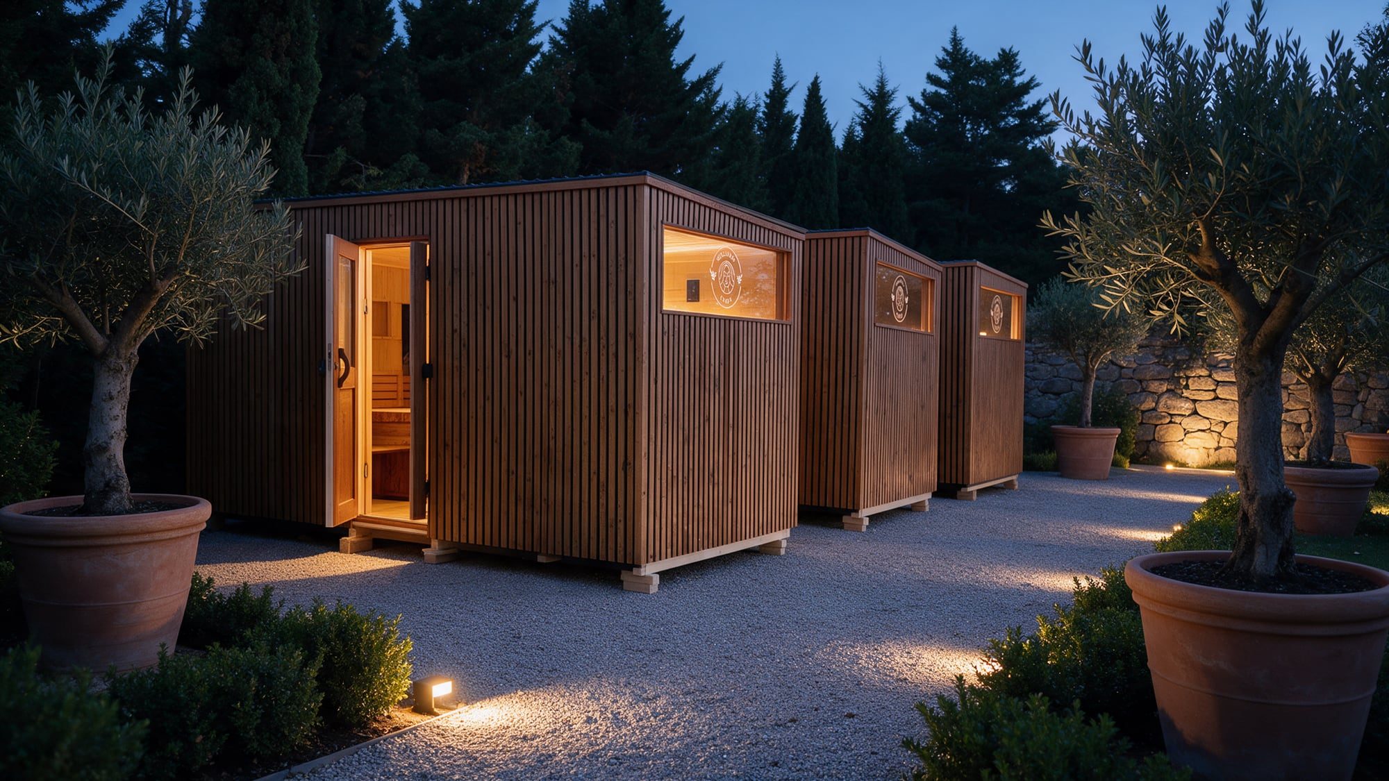 Visualisierung: drei Cubes mit Holzschalung in einem Hotelgarten am Abend, Olivenbäume in Kübeln.