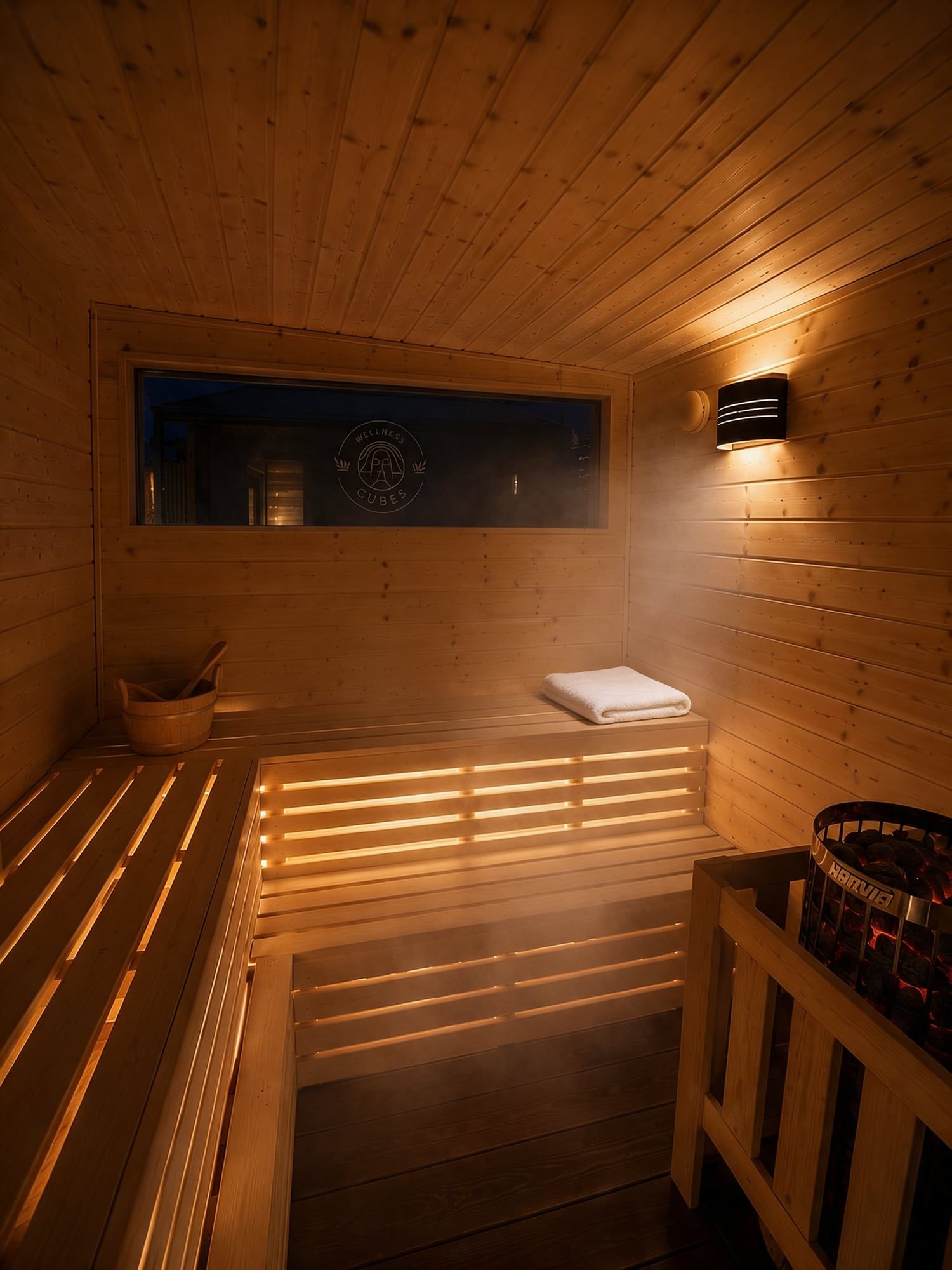Visualisierung: Sauna im Wellness Cube mit beleuchteten Bänken und Wandleuchte.