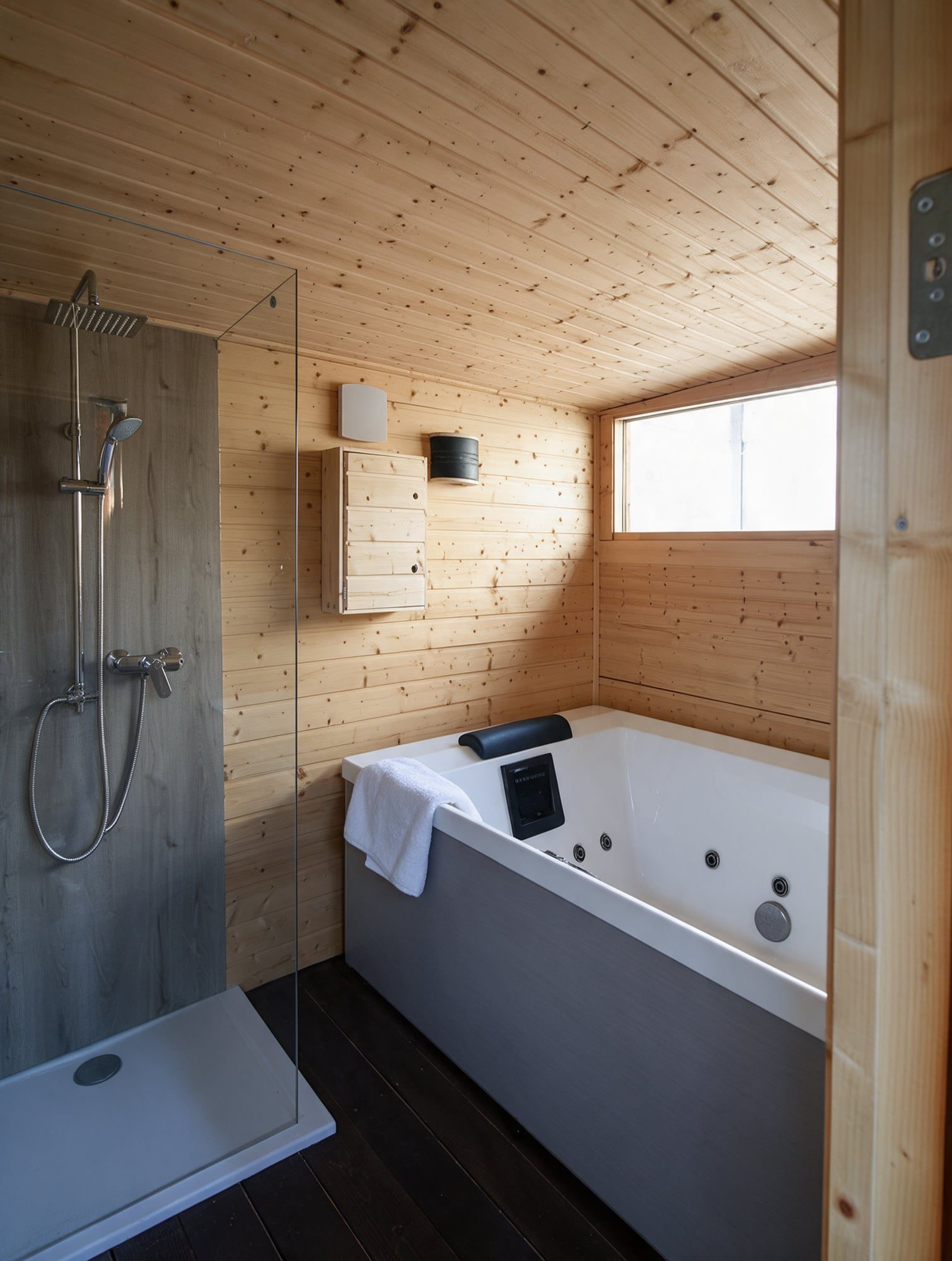 Visualisierung: Nasszelle im Wellness Cube mit Glasdusche und Whirlpool.