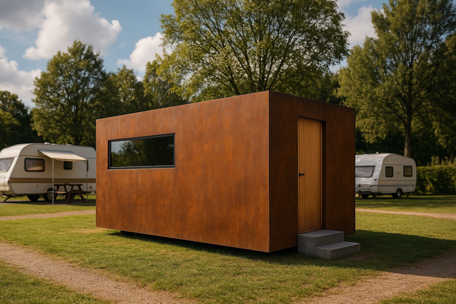 Visualisierung: Cube in Cortenstahl-Optik auf einem Campingplatz.