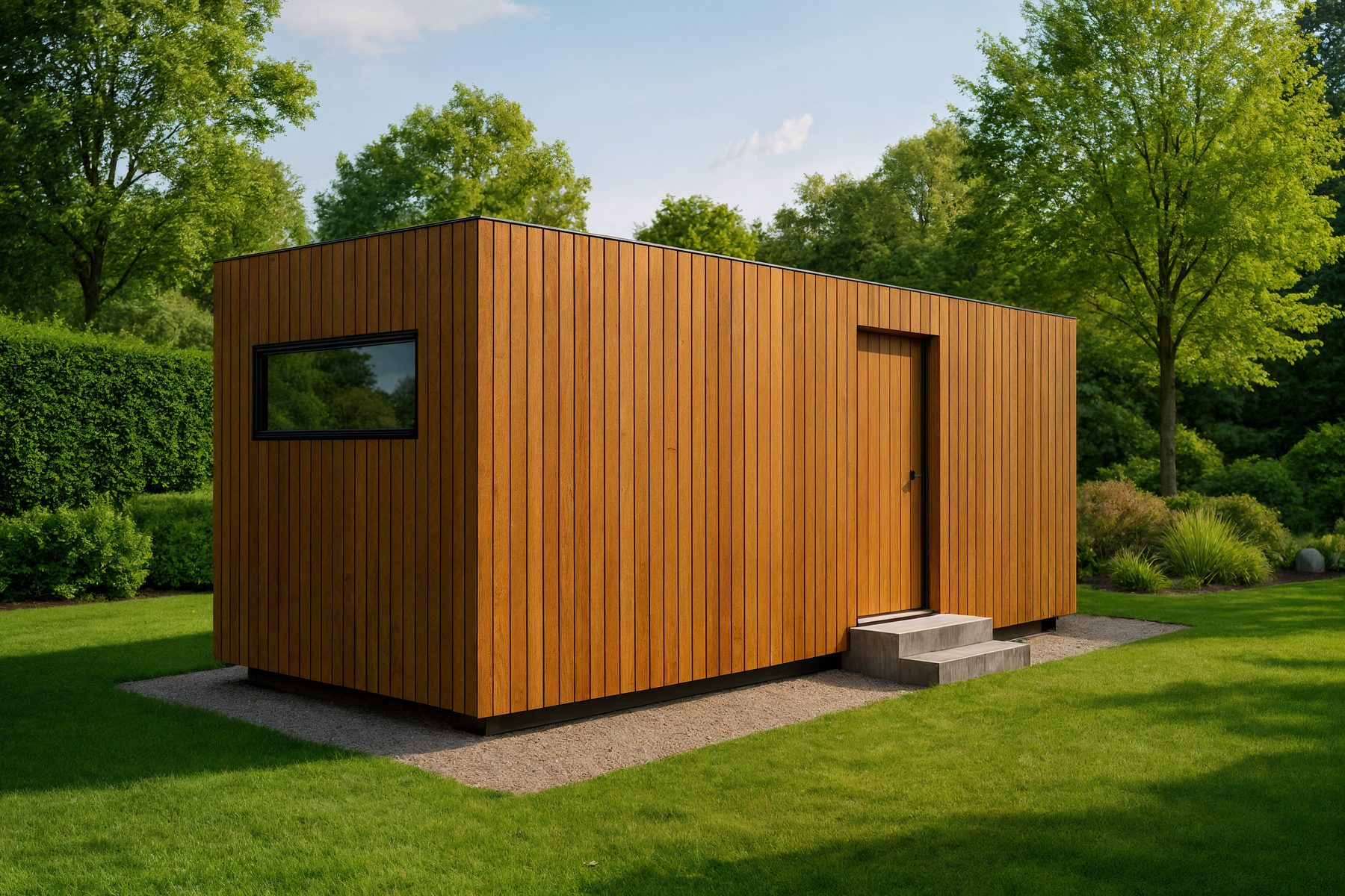 Visualisierung: Cube mit senkrechter Holzschalung auf einer Rasenfläche im Garten.