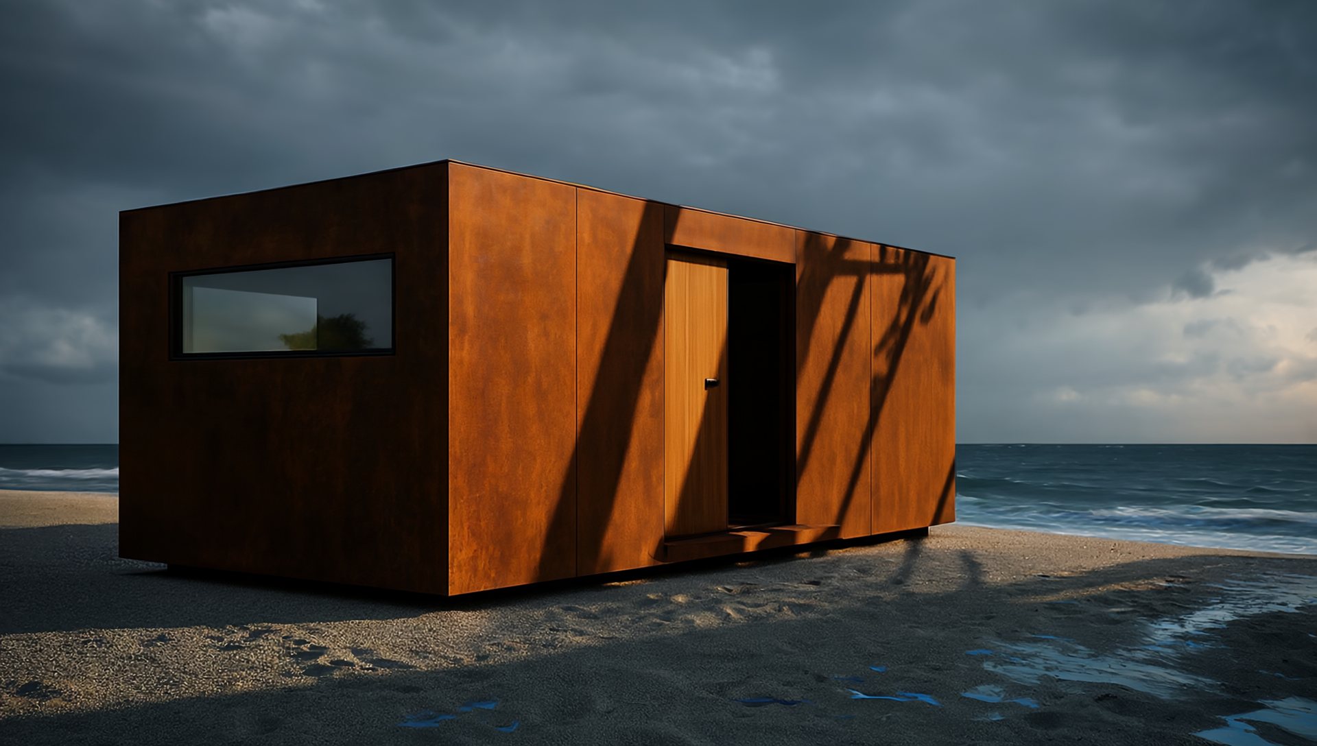 Visualisierung: Wellness Cube in Cortenstahl-Optik am Strand unter dunklem Abendhimmel.