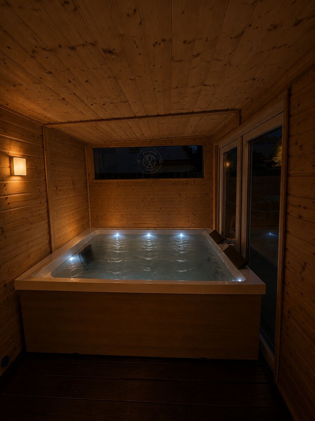 Beleuchteter Whirlpool im Wellness Cube am Abend, warmes Wandlicht auf Holz.